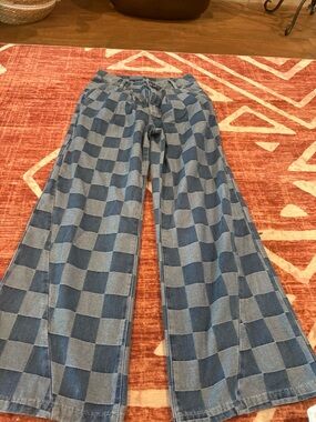 Wide Leg Checkered Jeans in Blue